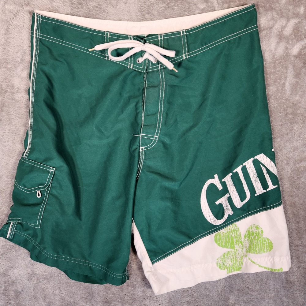 Guinness Board Shorts Mens 36 Green Distressed Shamrock Cargo Pocket Swim Trunks